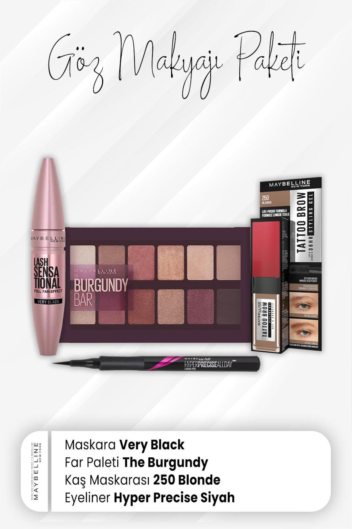 Hyper Eyeliner Siyah, Tatto Kaş Boyası 250, Far Paleti Burgundy ve Full Fan Mask