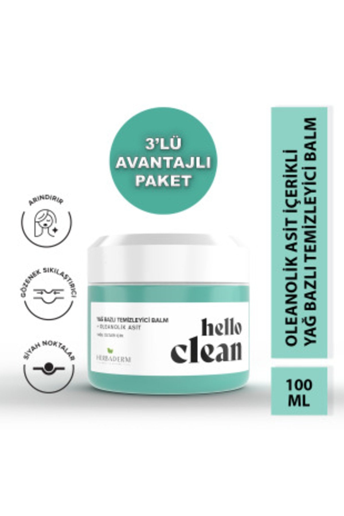 Hello Clean Gözenek Karşıtı Yağ Bazlı Temizleyici Balm Oleanolik Asit 100 ml X3