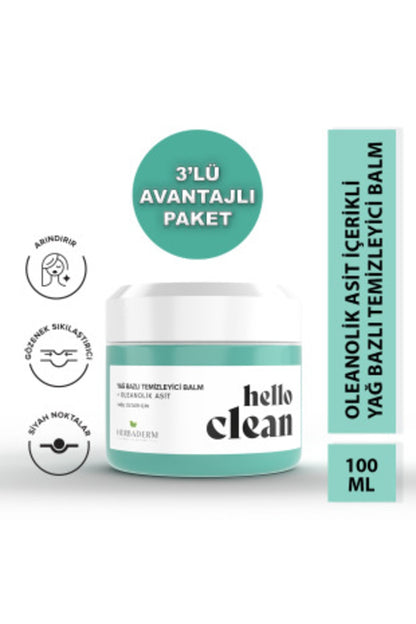 Hello Clean Gözenek Karşıtı Yağ Bazlı Temizleyici Balm Oleanolik Asit 100 ml X3